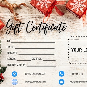 Christmas gift certificate template with blank fields for to, from, amount, and expiry