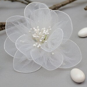 White tulle confetti lily flower with bead center for wedding favors