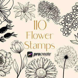 Floral stamp set with line-art flowers, 110 designs, Procreate logo