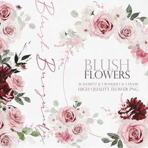 Watercolor blush floral wreath design with pink roses and burgundy flowers