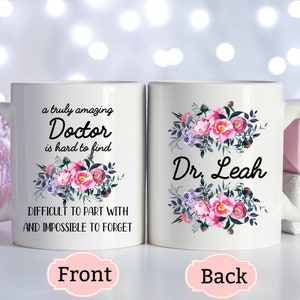 White personalized doctor mug with floral bouquet and Dr Leah text
