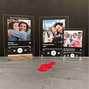 Personalized song plaque gift with stand, black frame and photo card on clear display stand