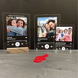 Personalized song plaque gift with stand, black frame and photo card on clear display stand