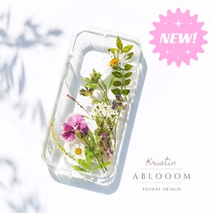 Pressed flower phone case with clear TPU and pink, white, green pressed blooms