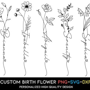 Birth flower tattoo line art set with stems and leaves, bouquet-style personalized design