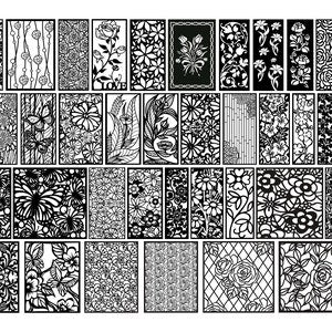 Floral laser-cut wall panel vector set, grid of black line-art leaf and flower designs