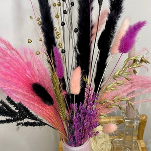 DONATELLA | Bright colourful pink, purple , gold , black dried flower arrangement bouquet. Dark pampas grass.Euphoria party y2k nostalgia