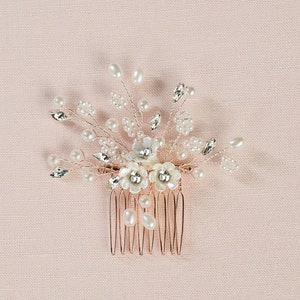 Floral pearl and crystal hair comb with small gold-tone comb teeth