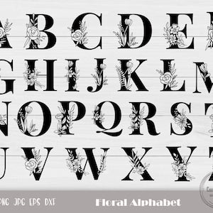 Floral alphabet letter A–Z SVG set with botanical rose designs