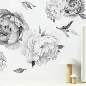 Peony wall decals with black-and-white watercolor peony flowers and leaves
