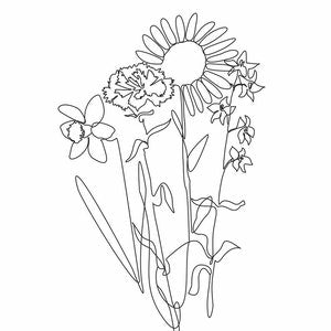 Floral tattoo bouquet line art with daisy, petals, and layered flower stems
