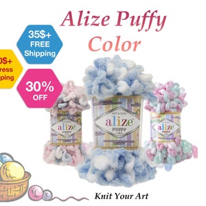 Alize Puffy Color chunky loop yarn skeins, fluffy pastel blue and pink, soft baby yarn