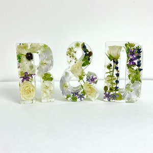 Resin alphabet letter decor with preserved flowers and floral inlay, clear white finish