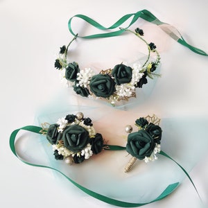 Emerald green flower crown headband with dark roses, ivory accents, pearl details and ribbon