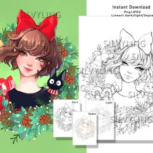 Cat-themed wreath coloring page with girl line art, bow, flowers, and leaves