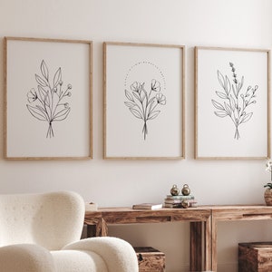 Set of 3 framed minimalist flower line art prints, botanical bouquet designs