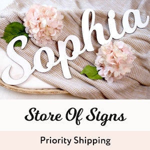 White script “Shop” sign with floral accents and “Priority Shipping” text