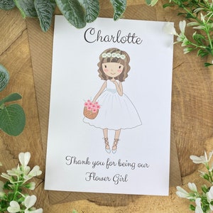 Thank-you flower girl card, illustrated girl holding pink flowers; name Charlotte on front