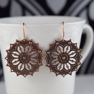 Antique copper filigree mandala dangle earrings, circular floral pattern, copper hooks