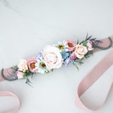 Pastel flower sash belt with large pink, blue, and white blooms