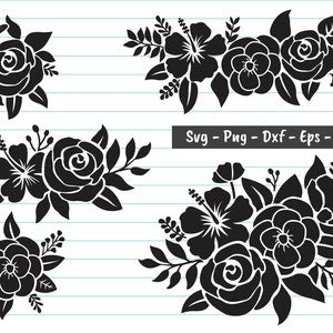 Floral SVG bundle sheet with black rose and flower bouquet border designs