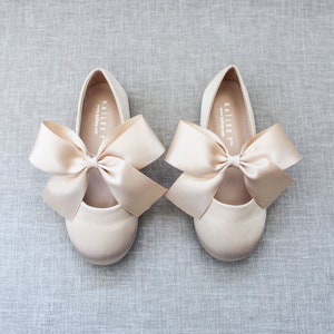 Champagne satin Maryjane flats with large front bow, toddler girls' style