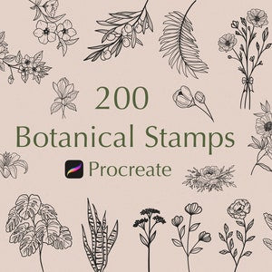 Botanical Procreate stamp set with 200 floral, leaf, and botanical line-art designs
