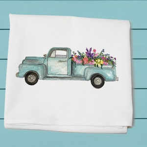 truck with flowers, flour sack towels, spring summer decor, kitchen, bath and bar towel, cotton towel, gift for her