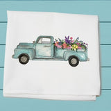 truck with flowers, flour sack towels, spring summer decor, kitchen, bath and bar towel, cotton towel, gift for her