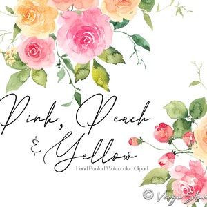 Watercolor floral clipart with pink, peach, and yellow flowers and cursive 'Hello' text