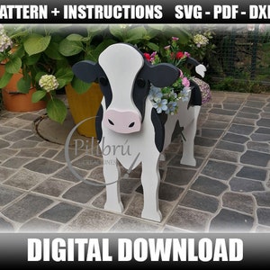 Cow planter cutout pattern, white/gray cow figure with star accents for garden planters