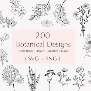 Botanical design SVG bundle with 200 hand-drawn flowers, leaves, and branches (SVG + PNG)