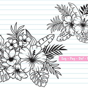 Tropical flower SVG bundle with black line-art hibiscus, flowers, and tropical leaves