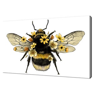 Bee wall art canvas print with yellow and white flowers, detailed wings and antennae