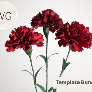 Burgundy paper carnation flowers with green stems, DIY template design