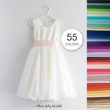 Classic White Flower girl dress for minimalist wedding, Light ivory plain modern Junior Bridesmaid, Simple Satin Tulle Toddler Dress ADELINA