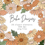 Retro Daisy Clipart, 70s Clipart, Boho Clipart Flowers, Hippie Clipart, Groovy Clipart, Retro Sublimation Designs, 60s Clipart, Daisies Png