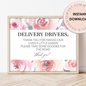 Delivery drivers thank-you sign printable with blush pink floral border