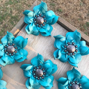 Turquoise leather flower conchos with jeweled round metal centers