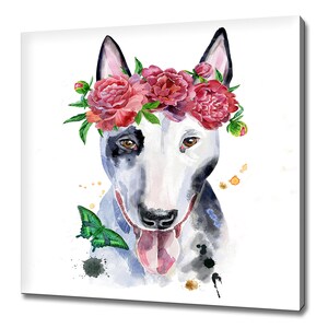 Bull terrier dog canvas art print with pink flowers and green leaves