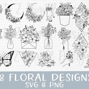 Floral SVG bundle with line-art wildflowers, moon, butterflies, and bouquets