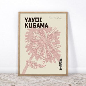 Framed Yayoi Kusama wall poster with blush pink floral butterfly pattern