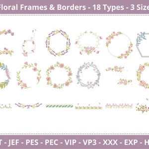 Floral machine embroidery design set with frames, borders, and wreath circles