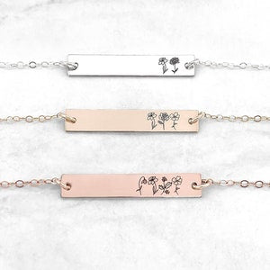 Birth month flower bar bracelets on chain, multiple metal-tone styles