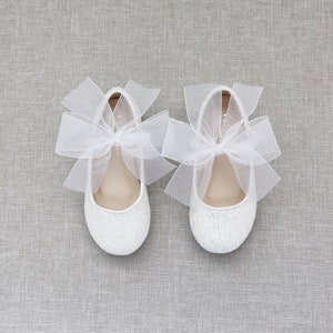 White glitter Mary Jane flats with white chiffon bow