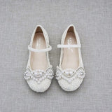 Ivory Crochet Lace Mary Jane Flats with Small Pearls Applique - For flower girls, baptism shoes, christening shoes