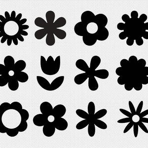 Retro flower bundle SVG/PNG design set with assorted black flower icons