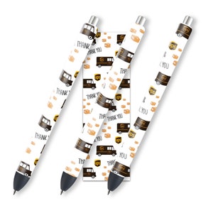 Delivery truck pen wrap design with wrapped gel pens, envelopes, and trucks