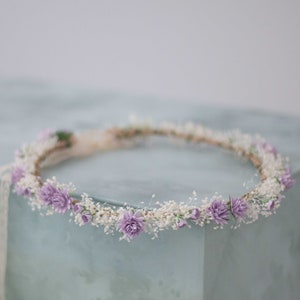 Dried baby's breath hair wreath with purple and white mini flowers, round halo headband