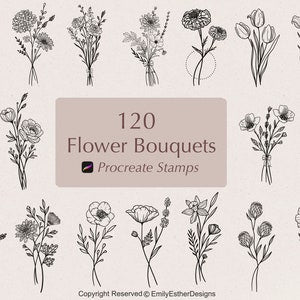 Floral bouquet Procreate stamp set with black botanical line stems and bloom icons